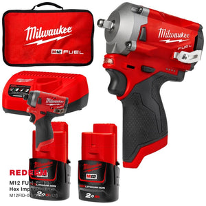 Milwaukee® M12 FUEL™ 3/8" Stubby Impact Wrench with Friction Ring Kit (2x 2.0Ah)